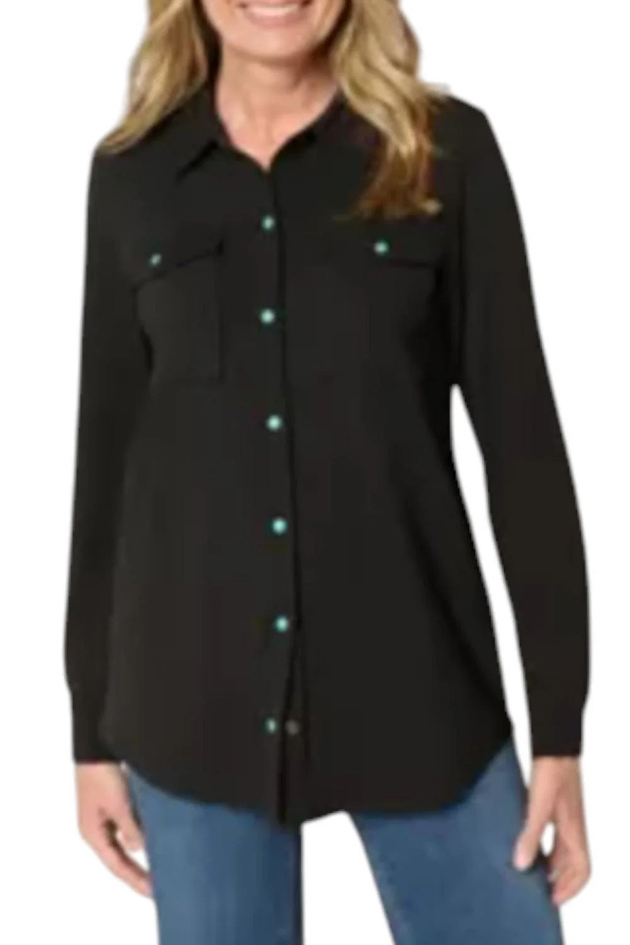 Belle Boho by Kim Gravel Women's Slub Knit Snap Front Shirt Black - Regular